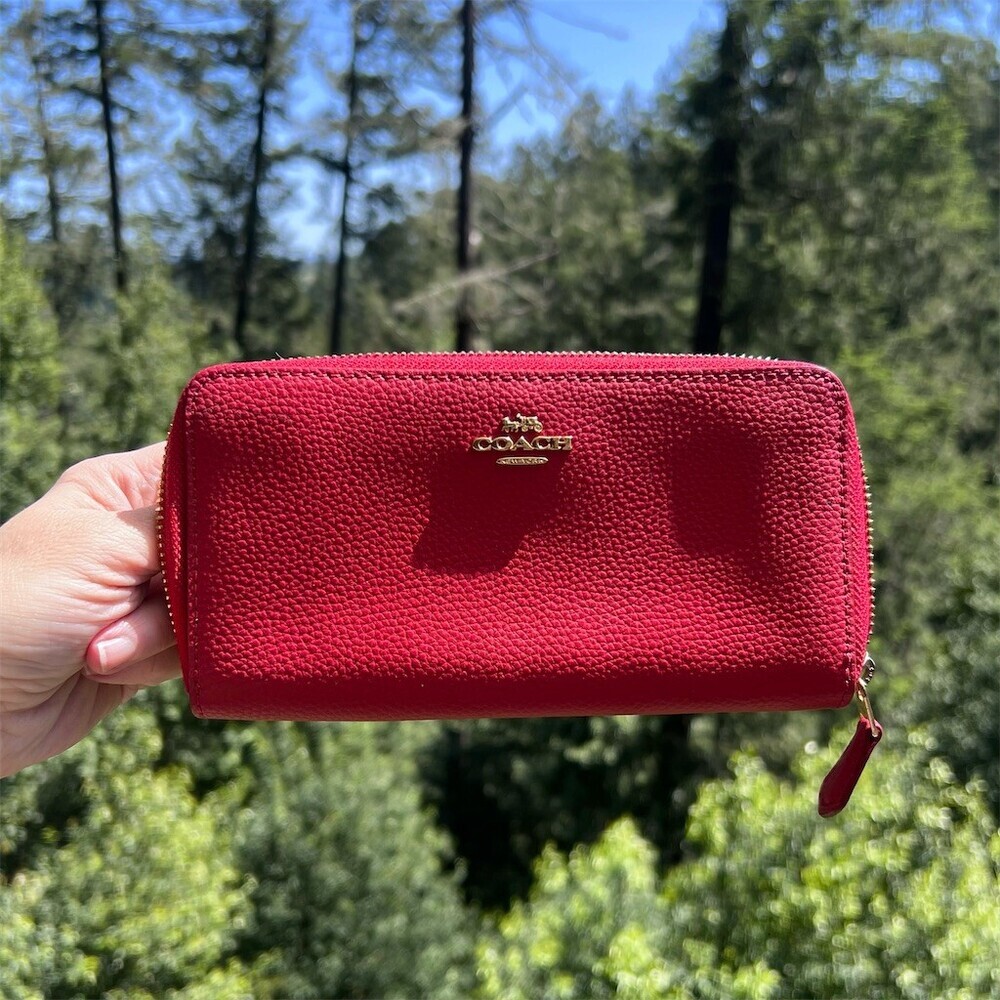 COACH Long Zip-Around Wallet Pebble Leather RED with Gold Hardware AUTHENTIC